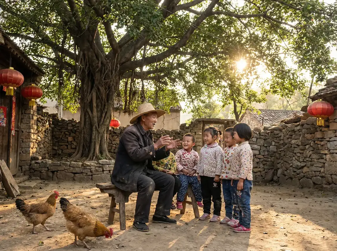 老人在大榕树下给孩子们讲故事 - 钟点工们电视剧 乡村记忆